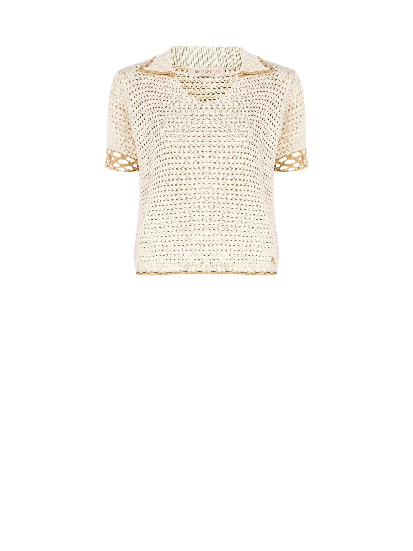 T-shirt Crochet in Cotone con Scollo a V e Colletto