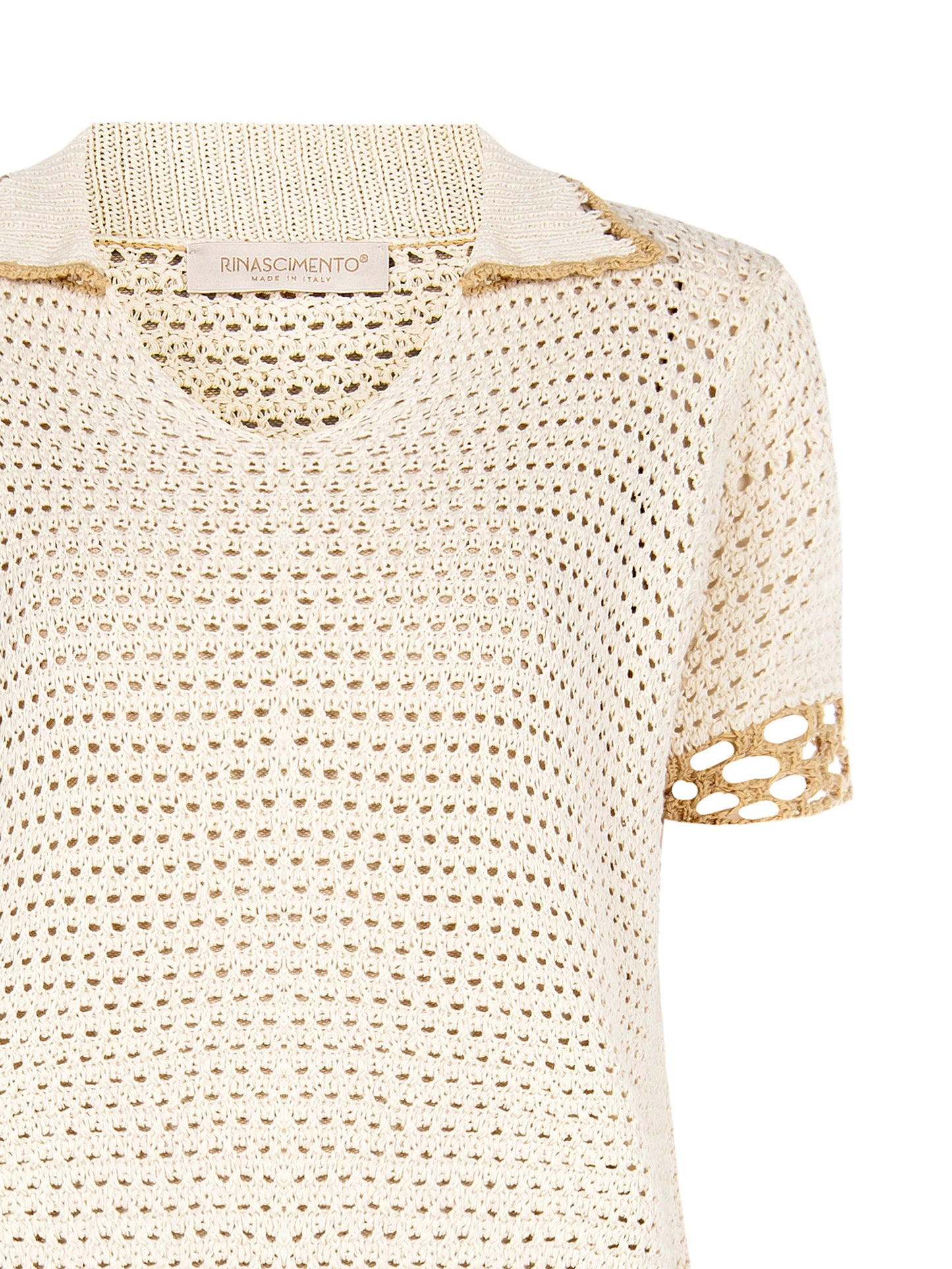 T-shirt Crochet in Cotone con Scollo a V e Colletto